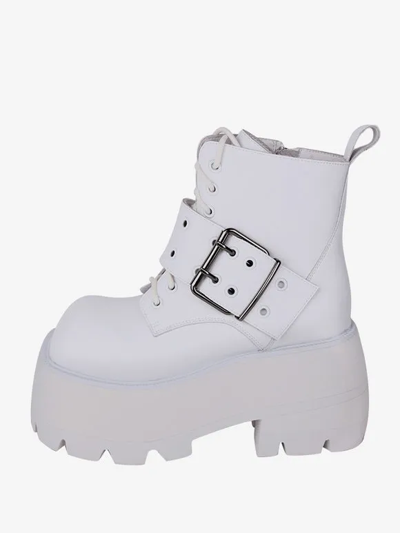 Gothic Lolita Boots White Grommets Metallic Square Toe PU Leather Lolita Footwear