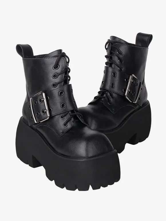 Gothic Lolita Boots White Grommets Metallic Square Toe PU Leather Lolita Footwear