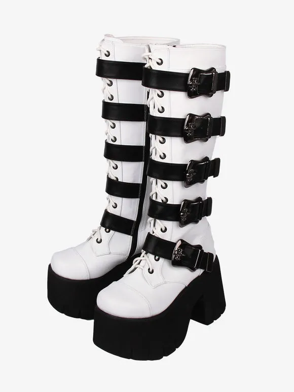 Gothic Lolita Boots White Grommets Skeleton Round Toe PU Leather Lolita Footwear