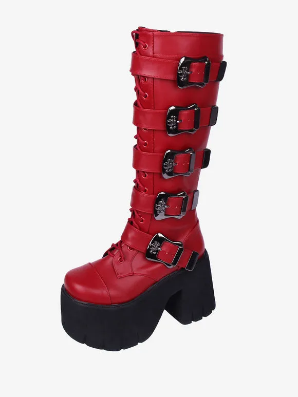Gothic Lolita Boots White Grommets Skeleton Round Toe PU Leather Lolita Footwear