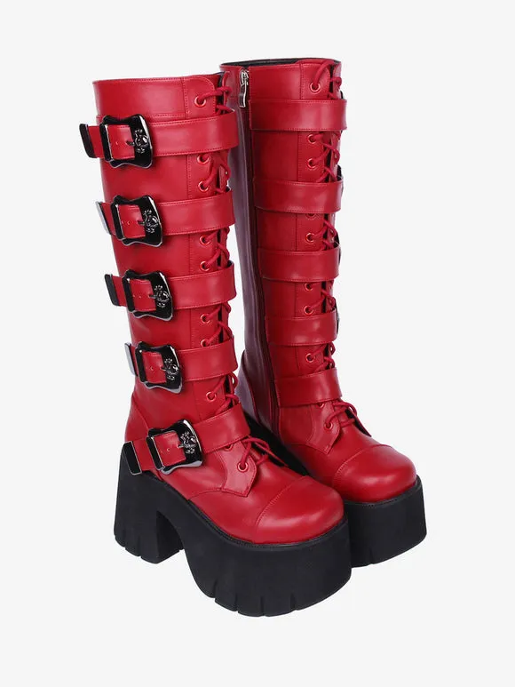 Gothic Lolita Boots White Grommets Skeleton Round Toe PU Leather Lolita Footwear