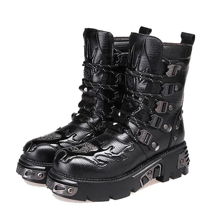 Gothic Men's Black Genuine leather Martin Boots Round Toe Punk Rock Motorcycle Army Military handsome Combat Boots Goth Shoes