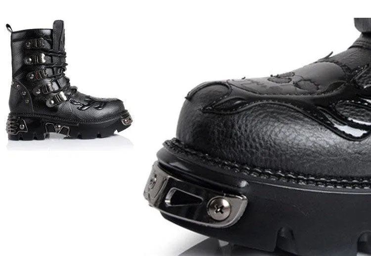 Gothic Men's Black Genuine leather Martin Boots Round Toe Punk Rock Motorcycle Army Military handsome Combat Boots Goth Shoes