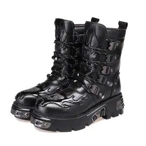 Gothic Men's Black Genuine leather Martin Boots Round Toe Punk Rock Motorcycle Army Military handsome Combat Boots Goth Shoes