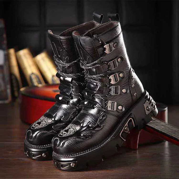 Gothic Men's Black Genuine leather Martin Boots Round Toe Punk Rock Motorcycle Army Military handsome Combat Boots Goth Shoes