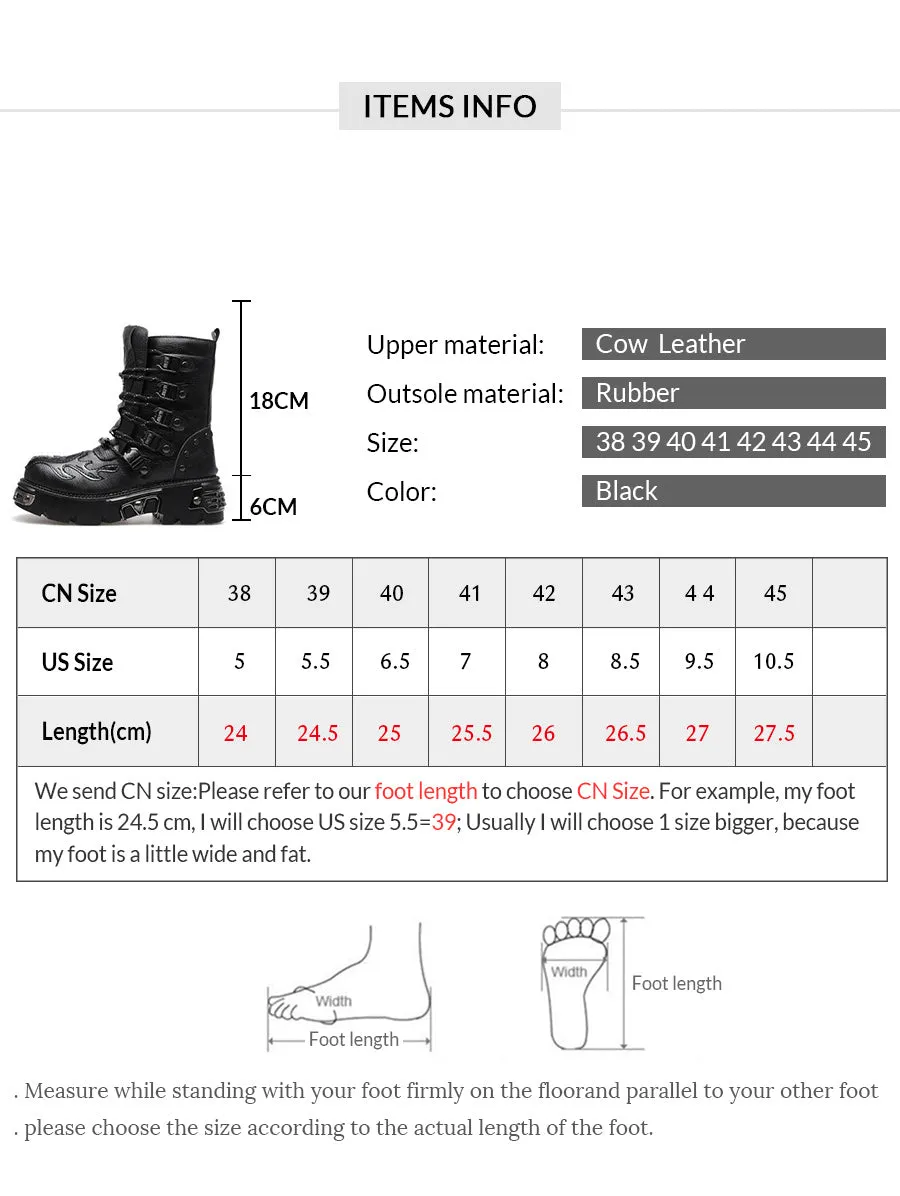 Gothic Men's Black Genuine leather Martin Boots Round Toe Punk Rock Motorcycle Army Military handsome Combat Boots Goth Shoes