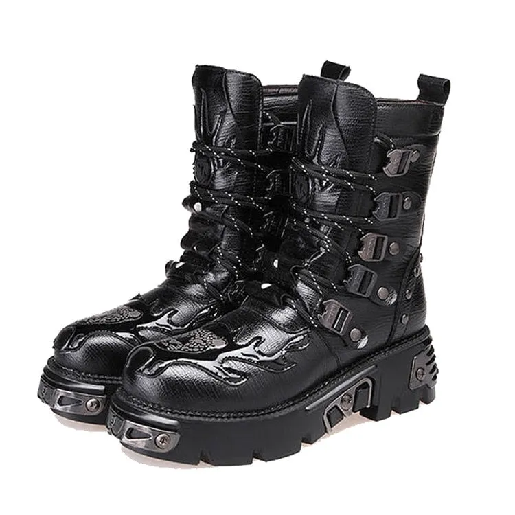 Gothic Men's Black Genuine leather Martin Boots Round Toe Punk Rock Motorcycle Army Military handsome Combat Boots Goth Shoes