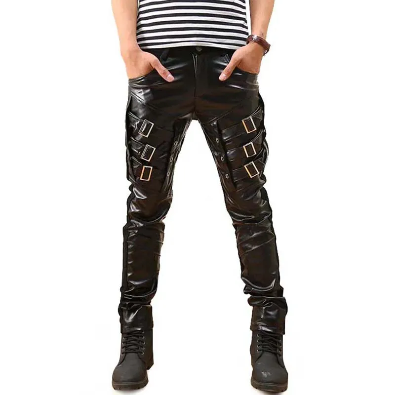 Gothic Punk Faux Leather Pants with PU Buckles – Edgy Full-Length Costume Pants