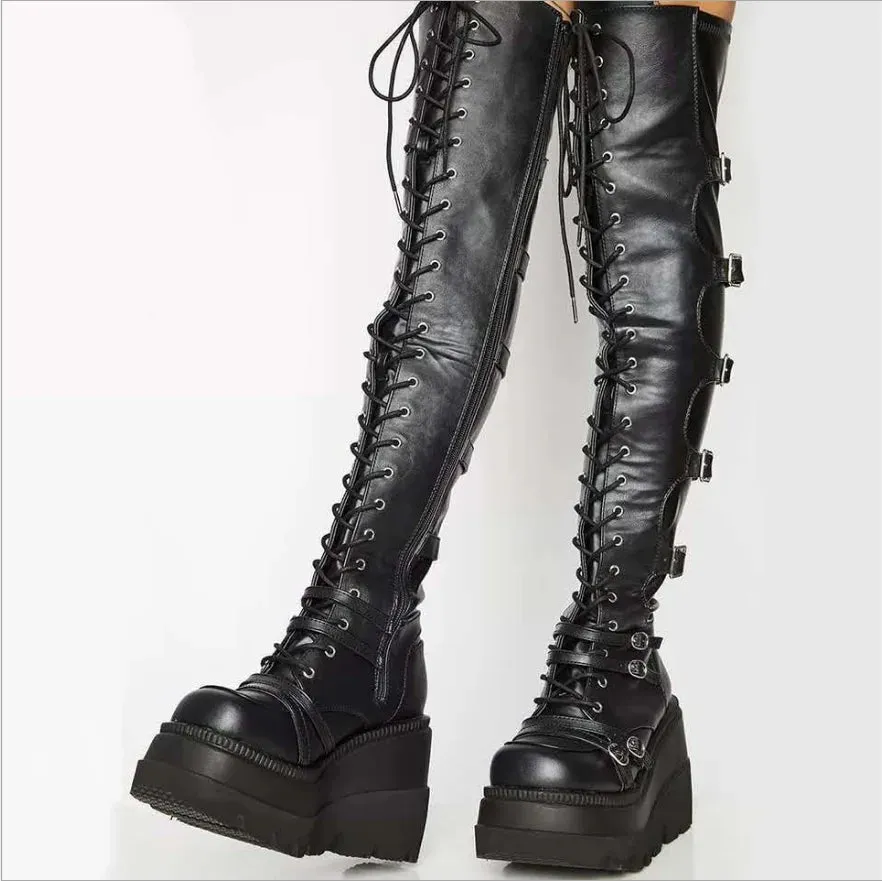 Gothic Thigh High Boots with Platform Wedges. Great for Motorcycle Riding.