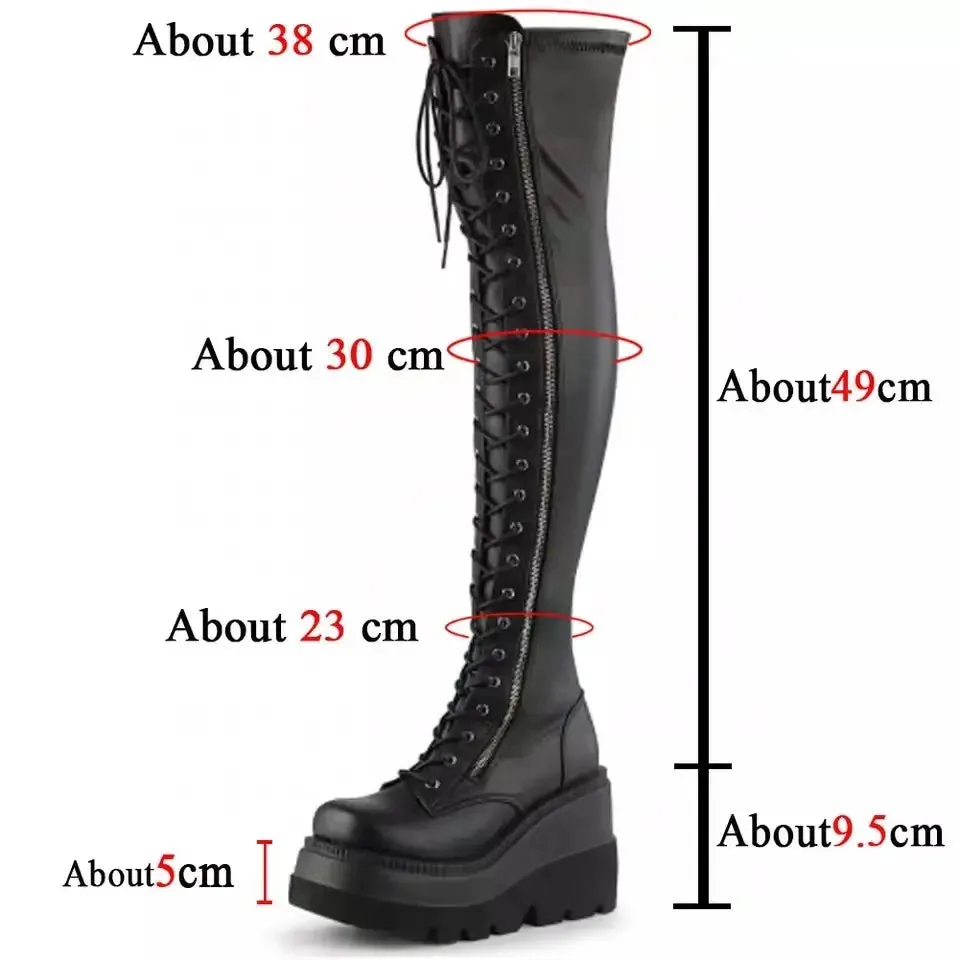 Gothic Thigh High Boots with Platform Wedges. Great for Motorcycle Riding.