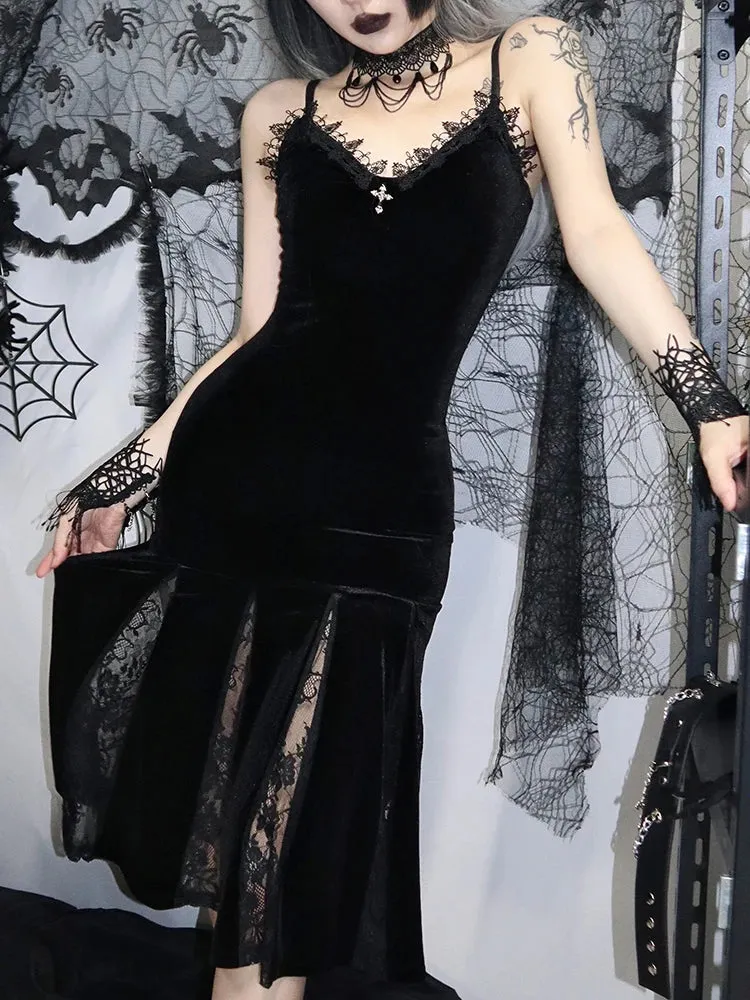 Gothic Velvet Spaghetti Strap Backless Dress with Lace Patchwork