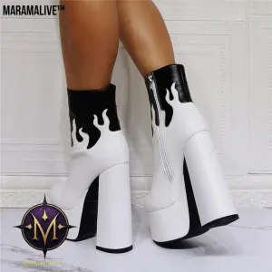 Gothic Water Stage Flame Thick Heel Fashion Super High Heel Plus Size 47 Women's Short Boots