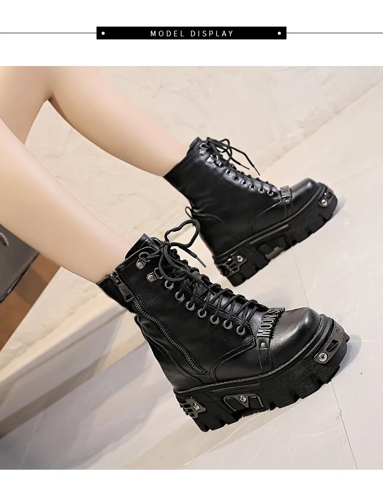 Gothic Women's  Height Increases Cowhide Genuine Short Boots Handsome Punk Fashion Shoes Spring Fall Womens Boots Ankle
