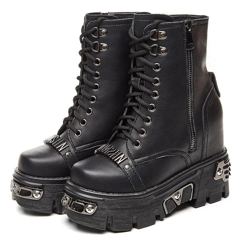 Gothic Women's  Height Increases Cowhide Genuine Short Boots Handsome Punk Fashion Shoes Spring Fall Womens Boots Ankle