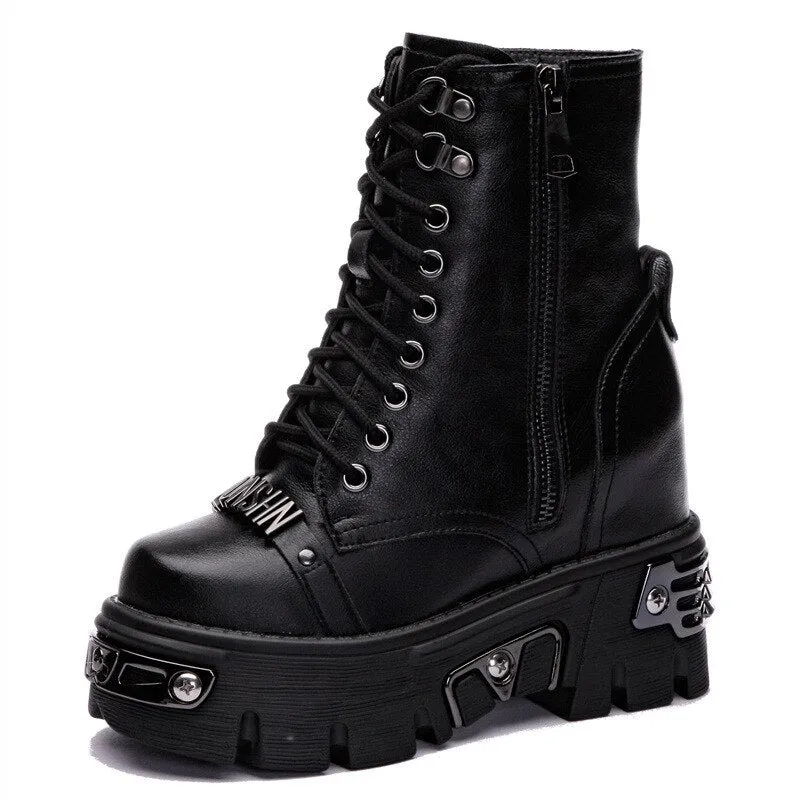 Gothic Women's  Height Increases Cowhide Genuine Short Boots Handsome Punk Fashion Shoes Spring Fall Womens Boots Ankle
