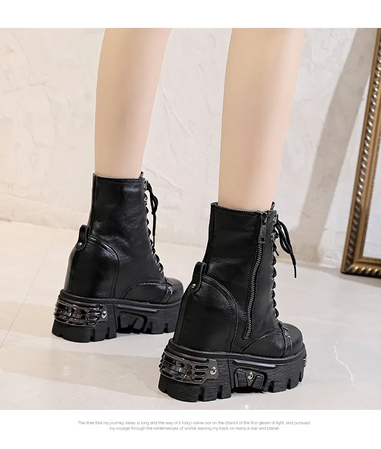Gothic Women's  Height Increases Cowhide Genuine Short Boots Handsome Punk Fashion Shoes Spring Fall Womens Boots Ankle