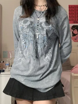 Graues Vintage Langarmshirt mit Kreuz- und Totenkopf Print