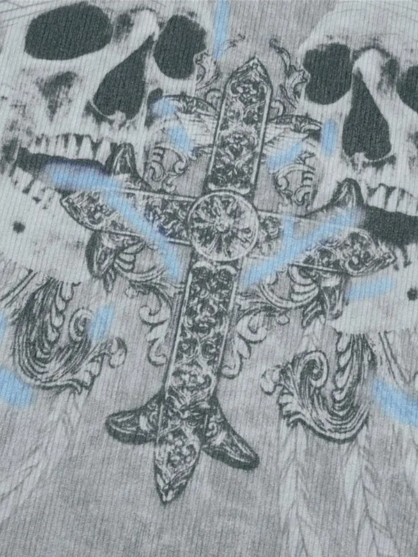 Graues Vintage Langarmshirt mit Kreuz- und Totenkopf Print