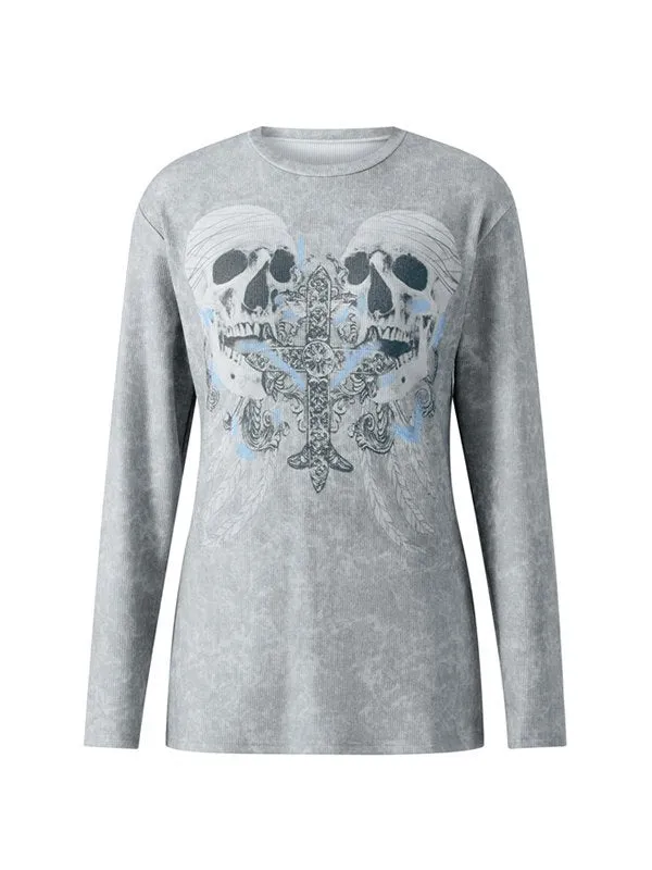 Graues Vintage Langarmshirt mit Kreuz- und Totenkopf Print