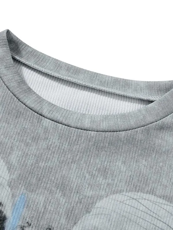 Graues Vintage Langarmshirt mit Kreuz- und Totenkopf Print