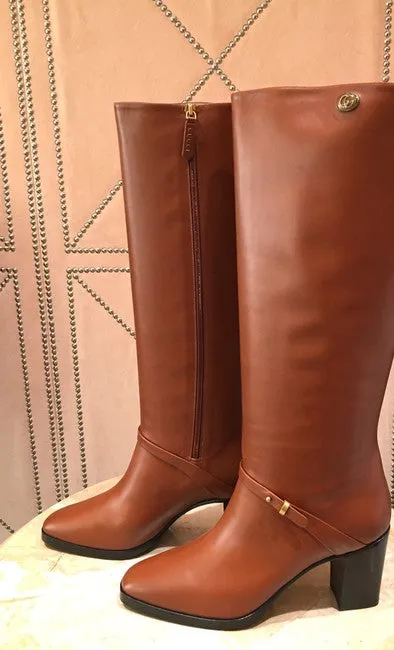 Gucci Double G Leather Knee-high Heeled Boots in Brown