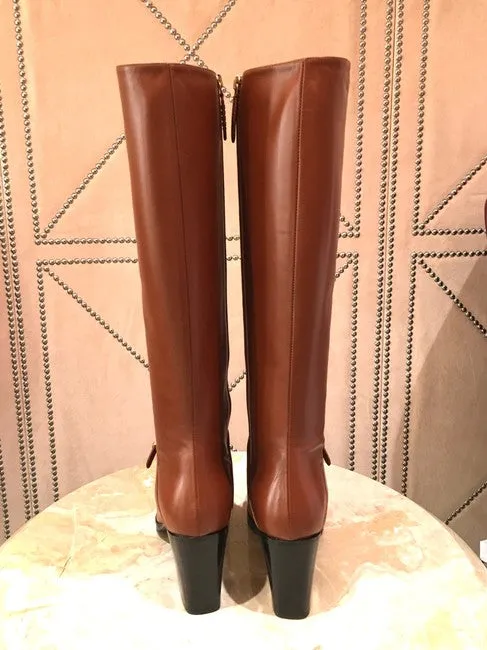 Gucci Double G Leather Knee-high Heeled Boots in Brown