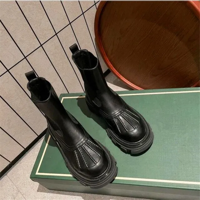 high-heeled boots round toe thick-soled