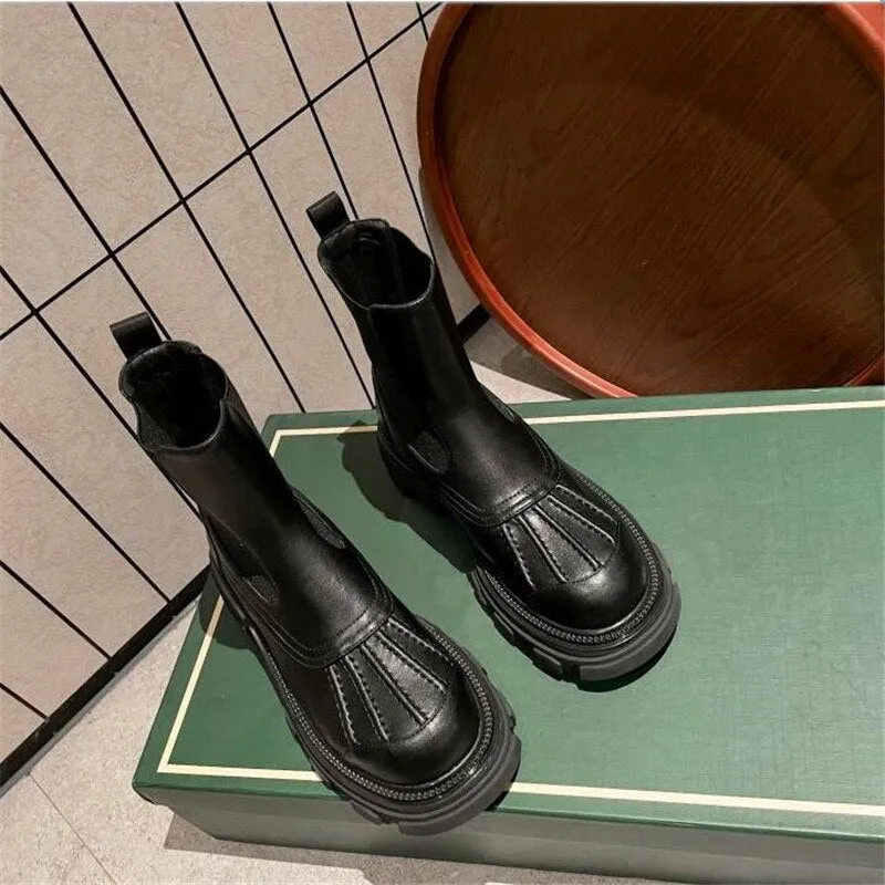 high-heeled boots round toe thick-soled