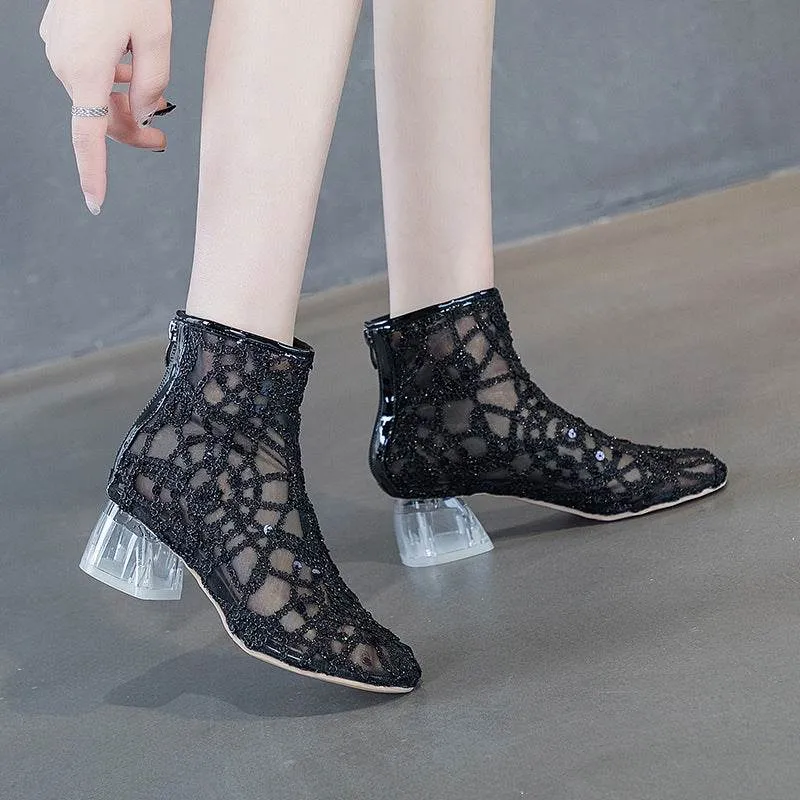 High-heeled Sandal Boots Women's Summer Net Red All-match Zipper Thick Heel