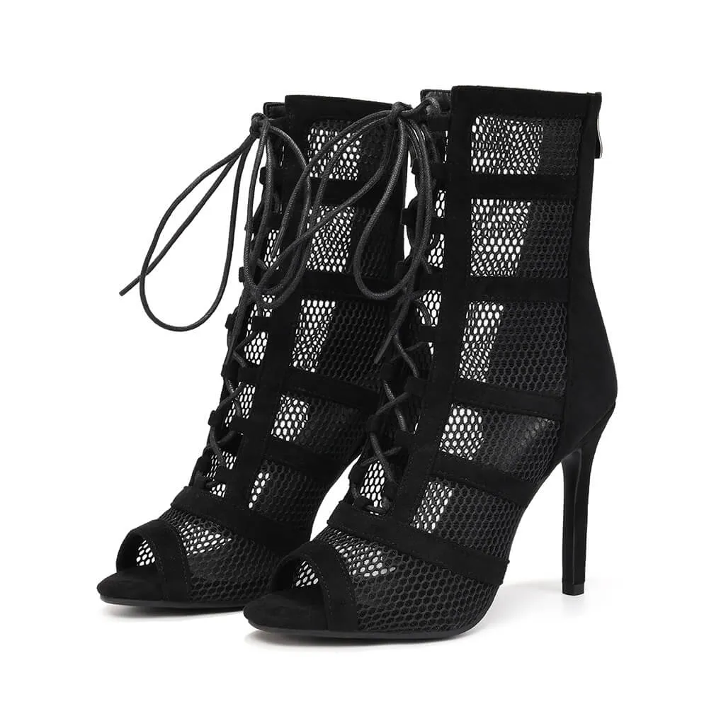 Hollow Mesh Open-Toe High-Heeled Dance Boots