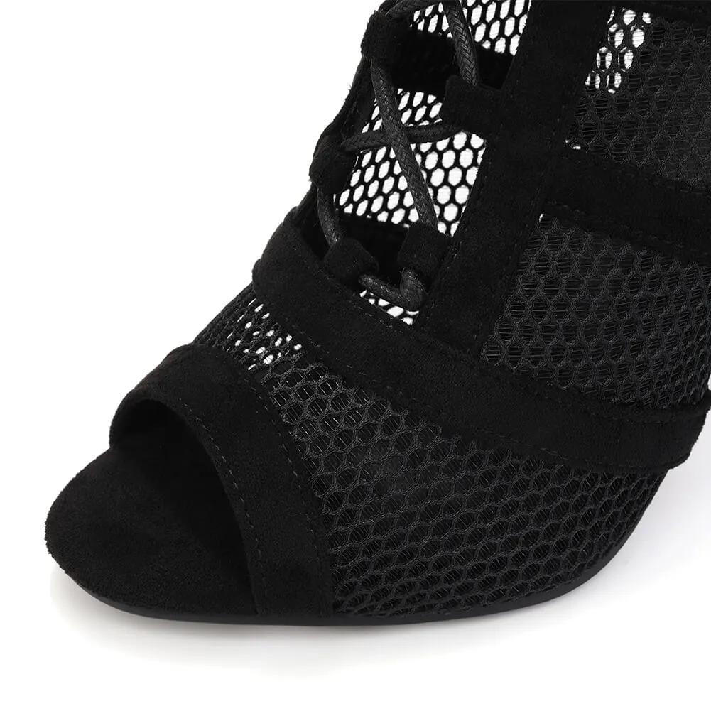 Hollow Mesh Open-Toe High-Heeled Dance Boots