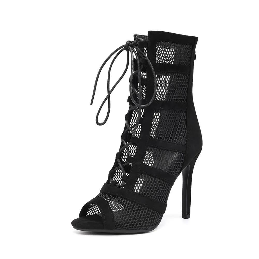 Hollow Mesh Open-Toe High-Heeled Dance Boots