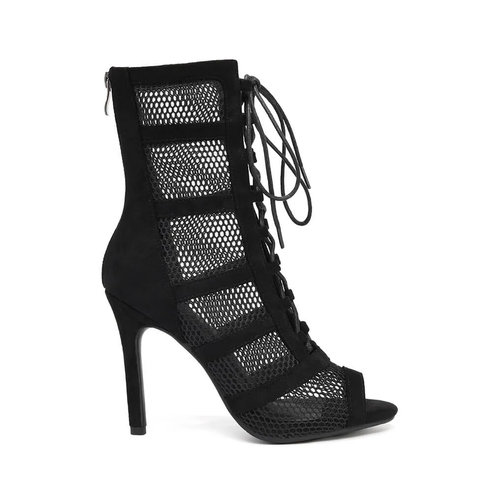 Hollow Mesh Open-Toe High-Heeled Dance Boots
