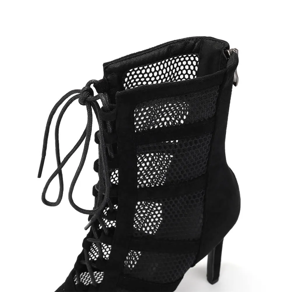 Hollow Mesh Open-Toe High-Heeled Dance Boots