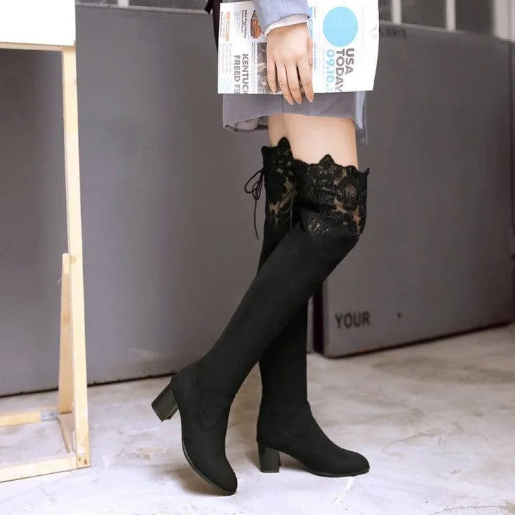 Increased Female Boots Knee High-heeled Boots Inside Hollow Lace