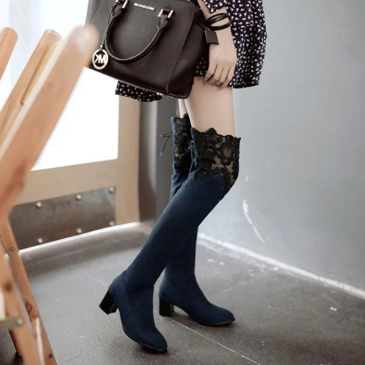 Increased Female Boots Knee High-heeled Boots Inside Hollow Lace