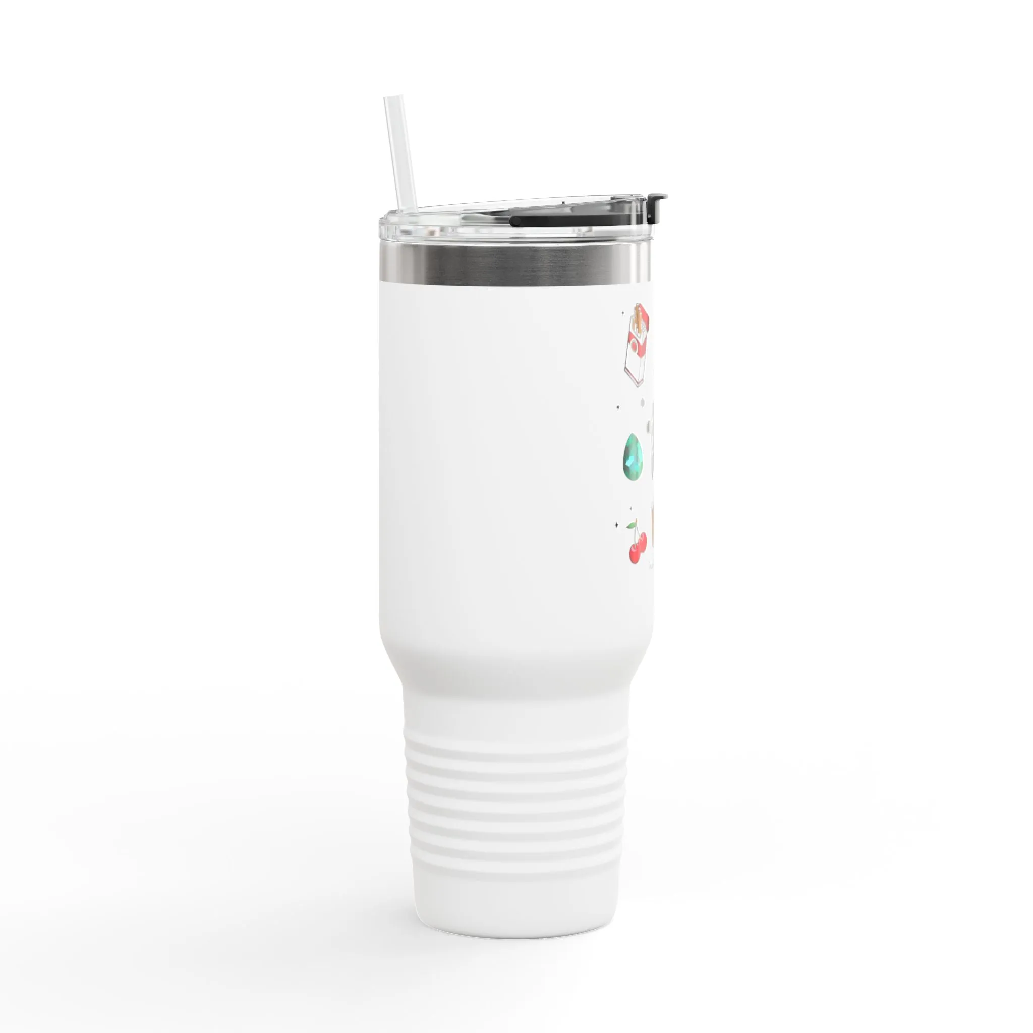 Insulated Travel Mug - 40oz Adventurous Design with Playing Cards & Drinks