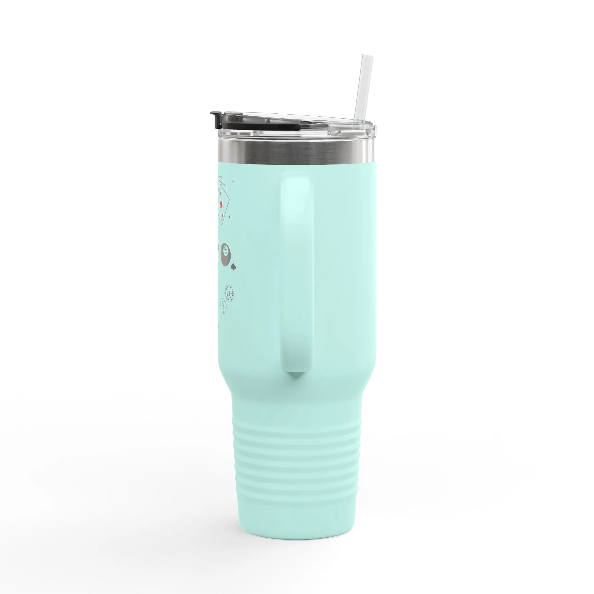 Insulated Travel Mug - 40oz Adventurous Design with Playing Cards & Drinks