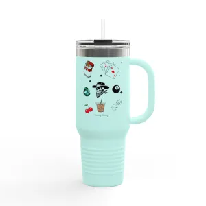 Insulated Travel Mug - 40oz Adventurous Design with Playing Cards & Drinks