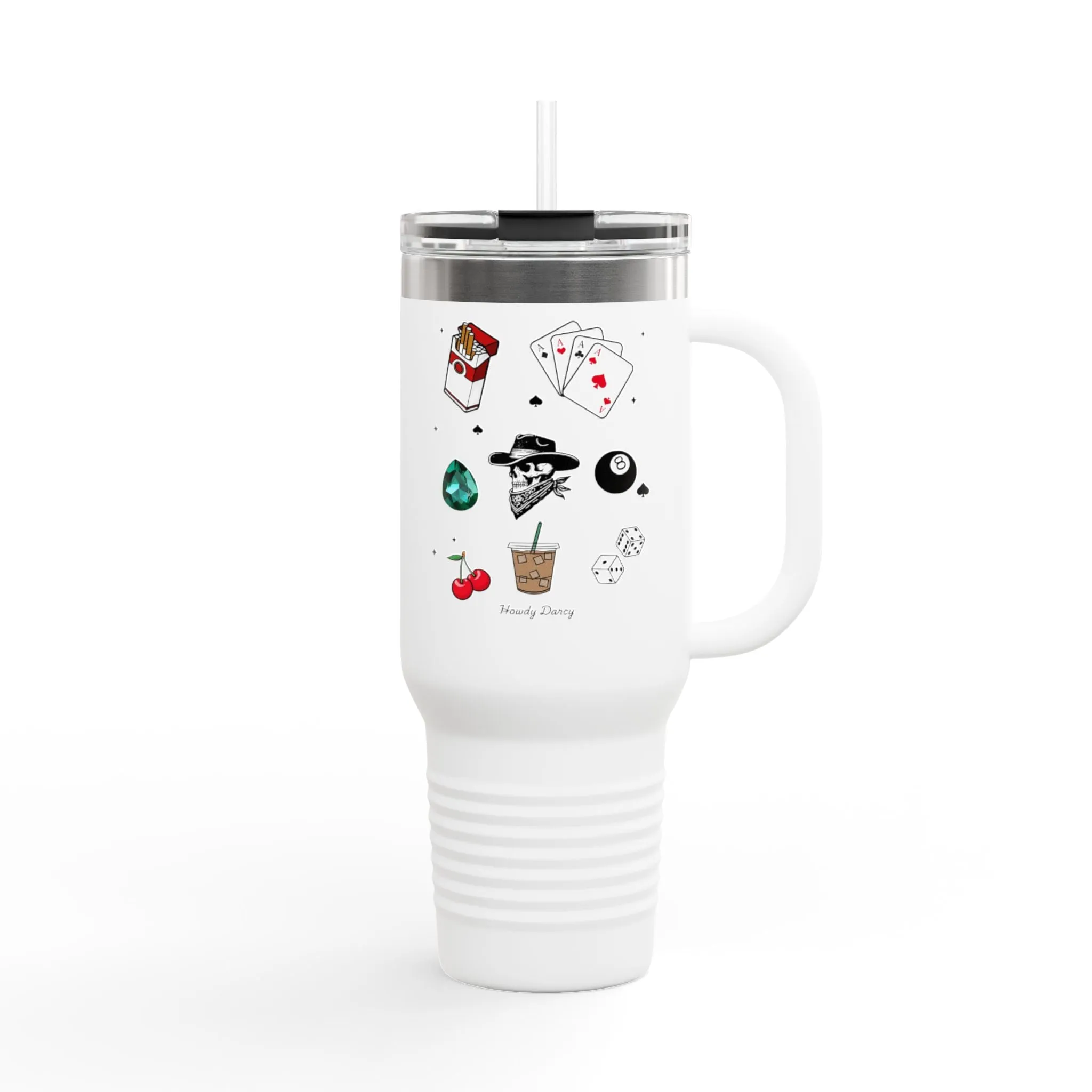 Insulated Travel Mug - 40oz Adventurous Design with Playing Cards & Drinks