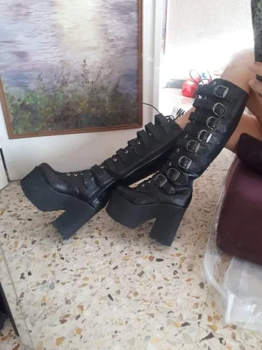 Japanese Harajuku High Platform Chunky Heel Cosplay Knee-High Boots Women Black Leather Belt Buckle Gothic Punk High Boots Zip