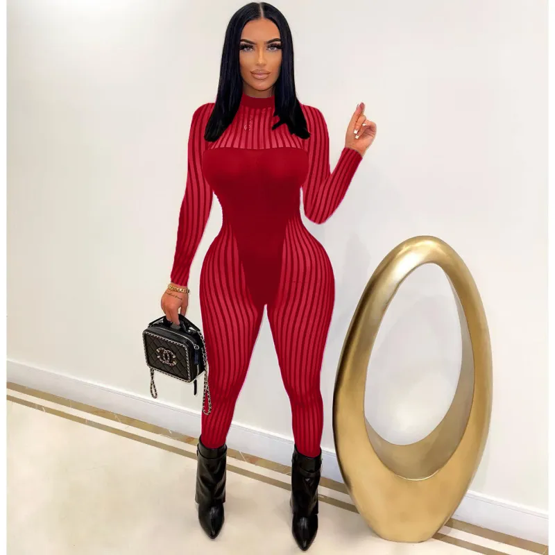 Kezia Long Sleeve Sheer Mesh Striped Bodycon Jumpsuit