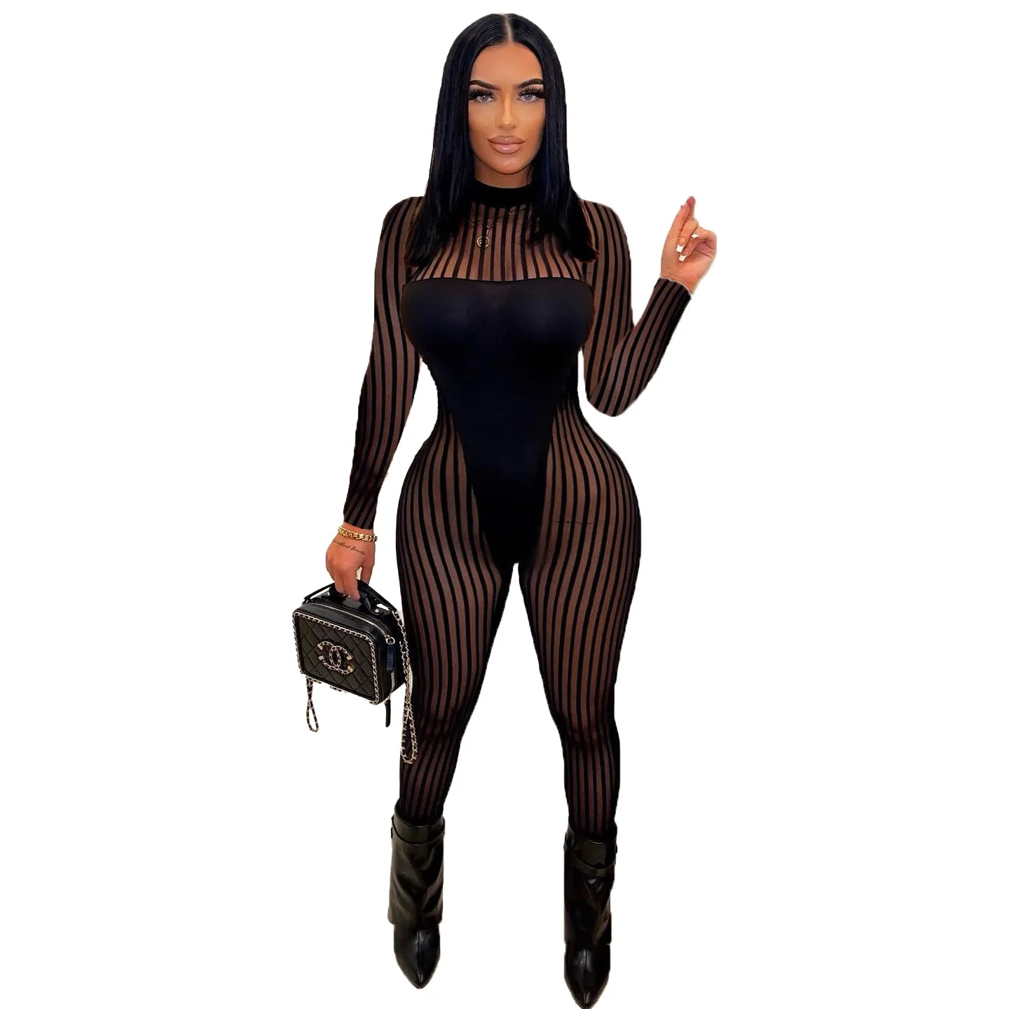 Kezia Long Sleeve Sheer Mesh Striped Bodycon Jumpsuit