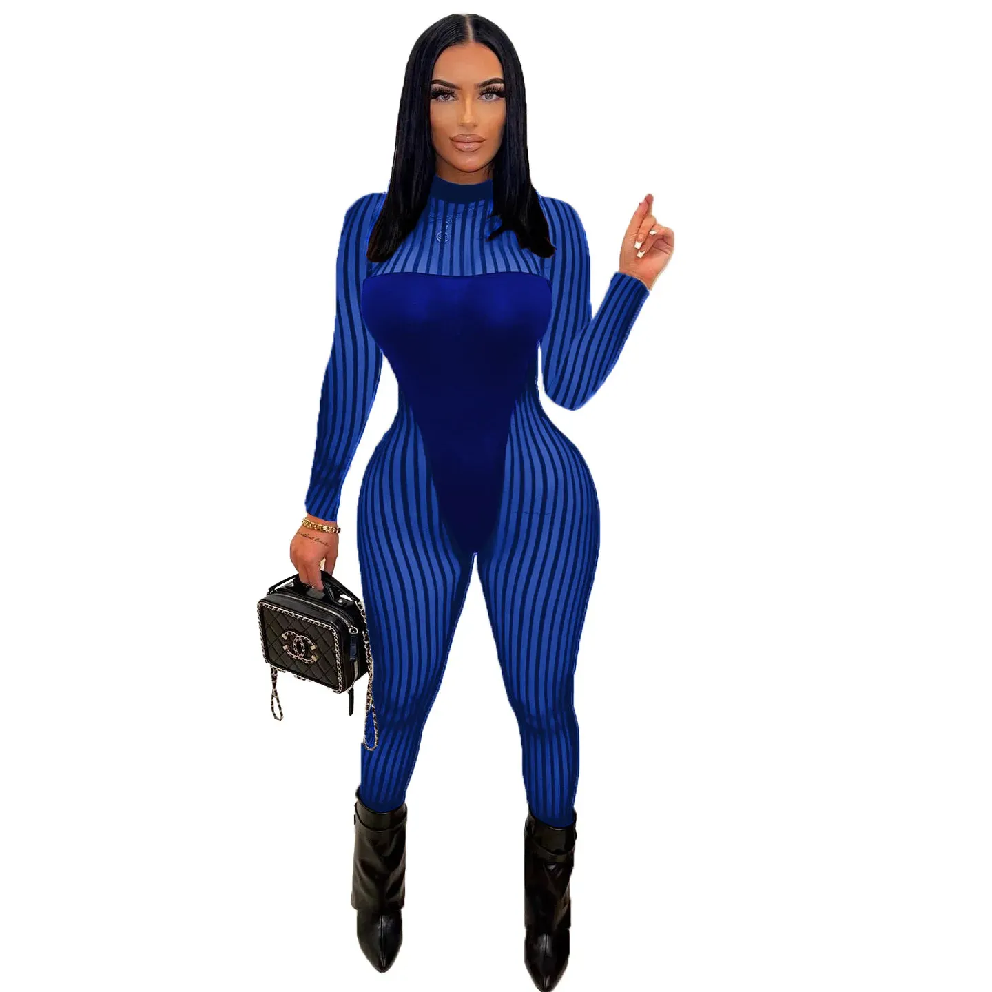 Kezia Long Sleeve Sheer Mesh Striped Bodycon Jumpsuit