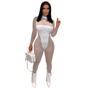 Kezia Long Sleeve Sheer Mesh Striped Bodycon Jumpsuit
