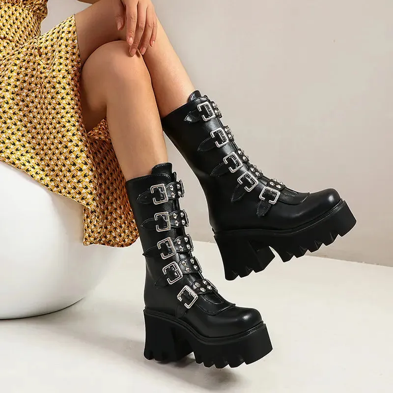 Maogu Platform Gothic Shoes Leather Women's Black High Boots Female High Heels Women Combat Punk Chunky Ladies Booties 43