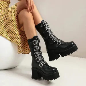 Maogu Platform Gothic Shoes Leather Women's Black High Boots Female High Heels Women Combat Punk Chunky Ladies Booties 43