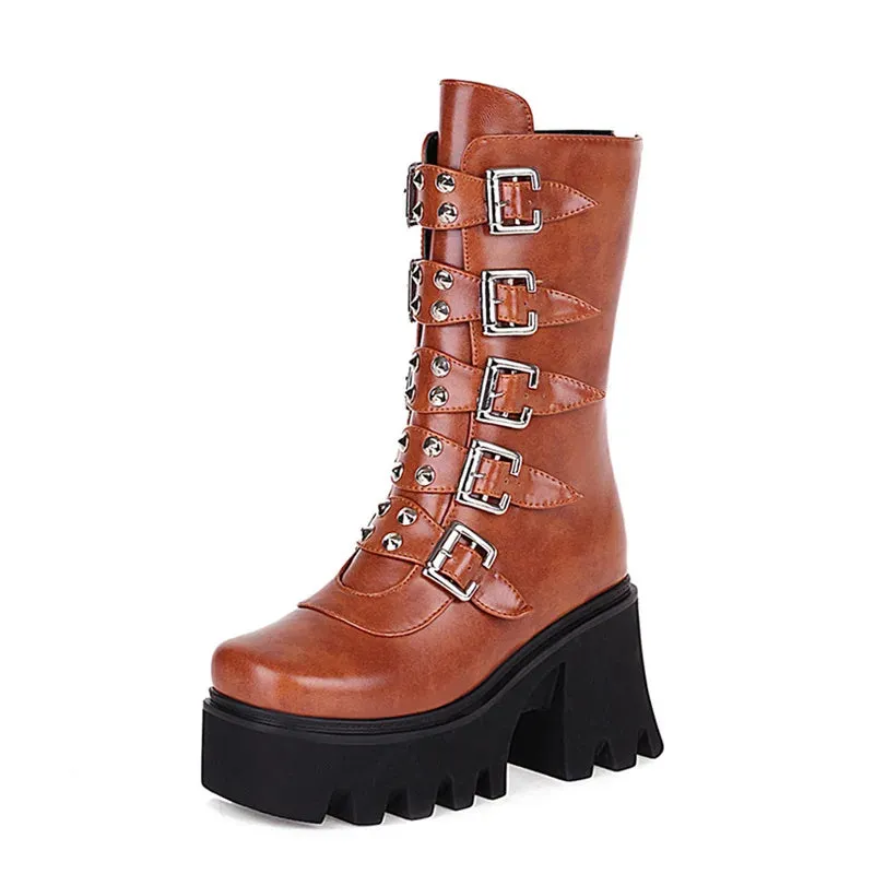Maogu Platform Gothic Shoes Leather Women's Black High Boots Female High Heels Women Combat Punk Chunky Ladies Booties 43