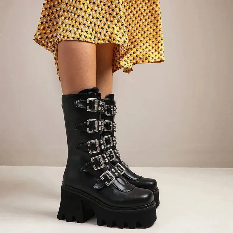 Maogu Platform Gothic Shoes Leather Women's Black High Boots Female High Heels Women Combat Punk Chunky Ladies Booties 43