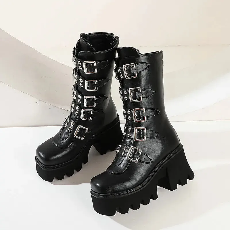 Maogu Platform Gothic Shoes Leather Women's Black High Boots Female High Heels Women Combat Punk Chunky Ladies Booties 43